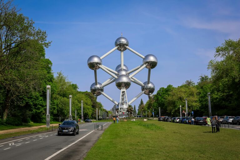 View of Atomium in Brussels, highlighting its modernist architecture during a sunny day in summer.